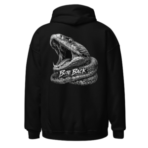 Back view of a black Hoodie featuring a coiled monochrome snake with open jaws beneath “Bite Back” lettering