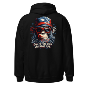 Back view of a black Hoodie featuring a sunglasses-wearing ape in a star-patterned hat beneath “Cooler Than Your Average Ape” lettering