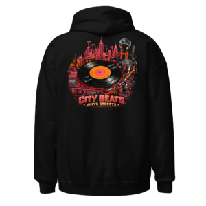 Back view of a black Hoodie featuring a vinyl record, turntable arm and glowing city skyline beneath “City Beats Vinyl Streets” lettering