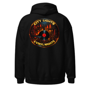 Back view of a black Hoodie featuring a vinyl record over a glowing city skyline with “City Lights & Vinyl Nights” lettering