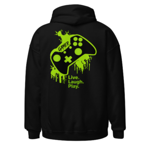 Black hoodie showing the Live Laugh Play Gamer Controller back print