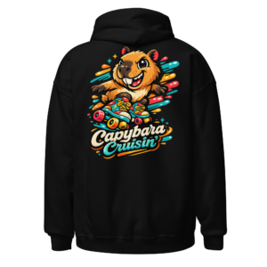 Back view of a black Hoodie featuring a smiling capybara in a yellow helmet and roller skates beneath “Capybara Cruisin’” lettering