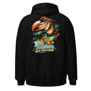 Back view of a black Hoodie featuring a colourful toucan in roller skates beneath “Toucan Play That Game” lettering