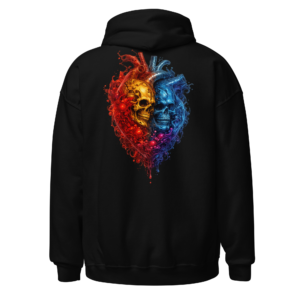 Back view of a black Hoodie featuring a split heart-shaped skull composition in fiery red and icy blue