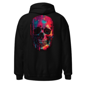 Back view of a black Hoodie featuring a red, cyan and magenta skull rendered in dripping street-art colour