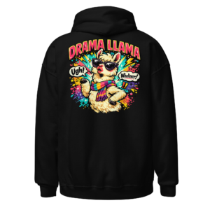 Back view of a black Hoodie featuring a sunglasses-wearing llama surrounded by colourful speech bursts beneath “Drama Llama” lettering