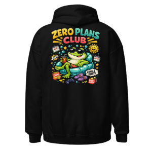 Back view of a black Hoodie featuring a relaxed frog on a sofa surrounded by snacks and “Zero Plans Club” lettering