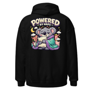 Back view of a black Hoodie featuring a sleepy koala wrapped in a blanket beneath “Powered By Naps” lettering
