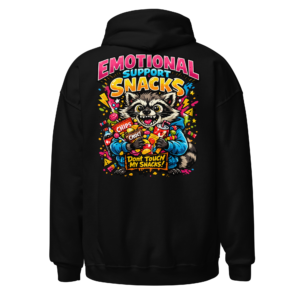 Back view of a black Hoodie featuring a raccoon clutching snacks beneath “Emotional Support Snacks” lettering