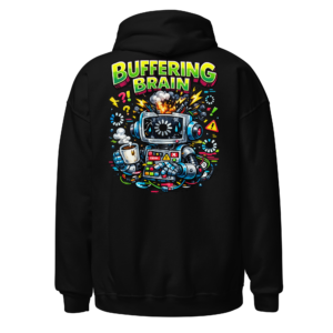 Back view of a black Hoodie featuring a retro robot control panel surrounded by wires, symbols and “Buffering Brain” lettering