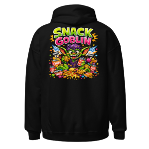 Back view of a black Hoodie featuring a green goblin surrounded by crisps, sweets and snacks beneath “Snack Goblin” lettering