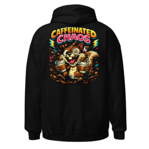 Back view of a black Hoodie featuring a frantic squirrel clutching two coffee cups beneath “Caffeinated Chaos” lettering