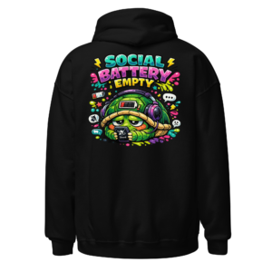 Back view of a black Hoodie featuring a tired turtle with a low-battery device beneath “Social Battery Empty” lettering