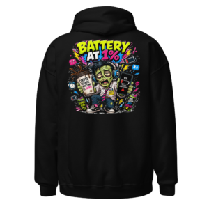 Back view of a black Hoodie featuring a green zombie surrounded by phones, cables and low-battery symbols beneath “Battery At 1%” lettering