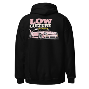 Back view of a black Hoodie featuring two lowered cars beneath large pink “Low Culture” lettering