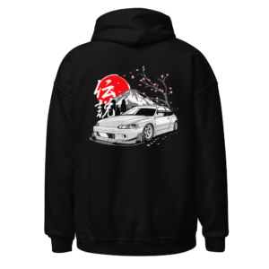 Back view of a black Hoodie featuring a white Japanese performance car beneath a red sun and falling cherry blossom
