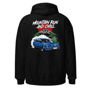 Back view of a black Hoodie featuring a blue performance car driving through a mountain-and-forest scene