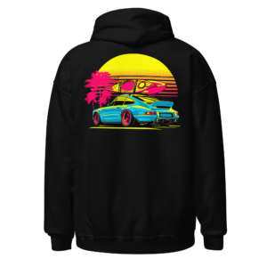 Back view of a black Hoodie featuring a turquoise sports car against a pink-and-yellow sunset with palm silhouettes