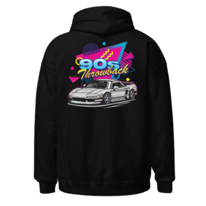 Back view of a black Hoodie featuring a white modified car framed by bright neon 1990s shapes and lettering