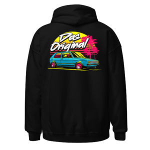 Back view of a black Hoodie featuring a turquoise modified car set against a vivid retro sunset and “Das Original” lettering