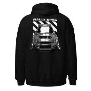 Back view of a black Hoodie featuring a front-facing rally car beneath bold “Rally Spec” lettering