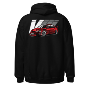 Back view of a black Hoodie featuring a red modified performance car in front of a large white-and-grey motorsport graphic