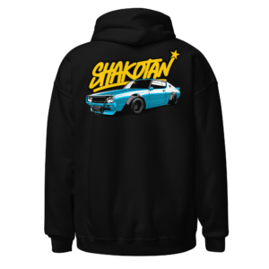 Back view of a black Hoodie featuring a blue lowered Japanese car beneath yellow “Shakotan” script