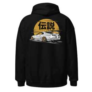Back view of a black Hoodie featuring a white Japanese coupe set against a gold sun and Japanese lettering