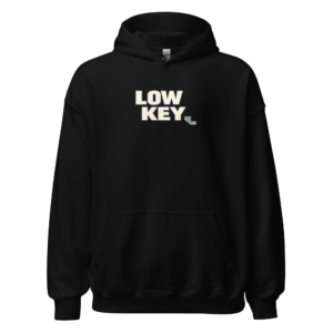 Back view of a black Hoodie featuring bold cream “Low Key” lettering with a small key-shaped detail