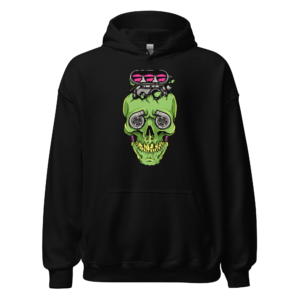 Front view of a black Hoodie featuring a green skull wearing pink goggles, with twin turbochargers forming its eyes