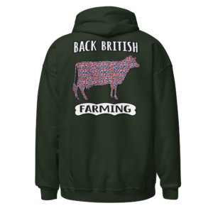 Back view of a forest-green Hoodie featuring “Back British Farming” lettering around a cow silhouette filled with a Union Jack pattern