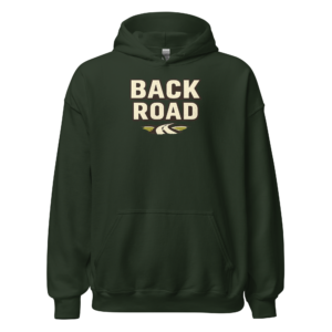 Front view of a forest-green Hoodie featuring cream “Back Road” lettering above a small winding-road symbol