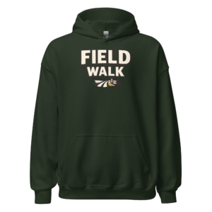 Front view of a forest-green Hoodie featuring cream “Field Walk” lettering above a small field-path emblem