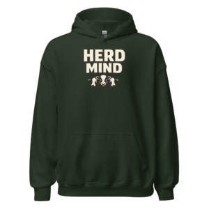 Front view of a forest-green Hoodie featuring cream “Herd Mind” lettering above a small pair of cattle heads