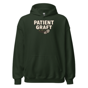 Front view of a forest-green Hoodie featuring cream “Patient Graft” lettering above a small crossed-tool emblem