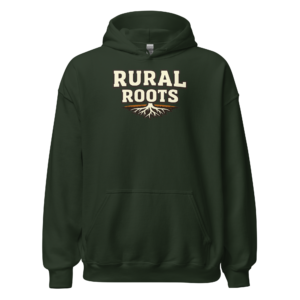 Front view of a forest-green Hoodie featuring cream “Rural Roots” lettering above a small cultivated-field motif
