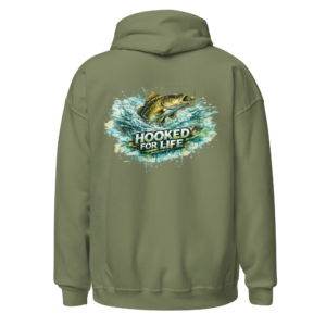 Back view of a military-green Hoodie featuring a leaping carp breaking through a blue-and-white water splash above the words “Hooked For Life”