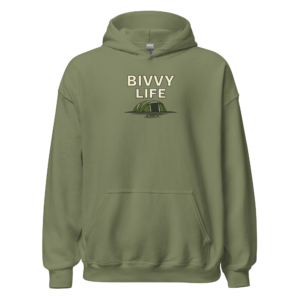 Front view of a military-green Hoodie featuring the words “Bivvy Life” above a green bivvy pitched on a dark bank line