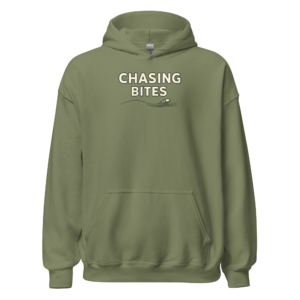 Front view of a military-green Hoodie featuring the words “Chasing Bites” above a small lure and fishing-line detail