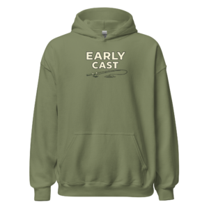 Front view of a military-green Hoodie featuring the words “Early Cast” above a small casting line, hook and water ripple