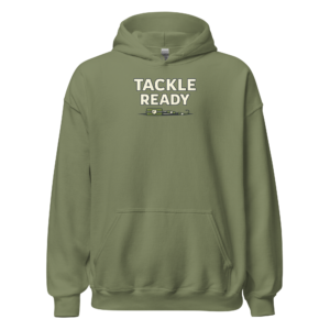 Front view of a military-green Hoodie featuring the words “Tackle Ready” above a compact rod, reel and tackle detail