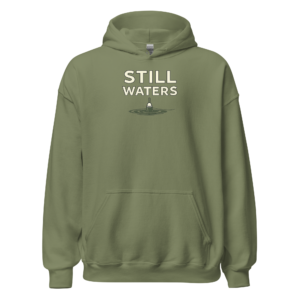 Front view of a military-green Hoodie featuring the words “Still Waters” above a fishing float standing in a dark green water ripple