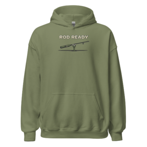 Front view of a military-green Hoodie featuring the words “Rod Ready” above a compact rod and line detail