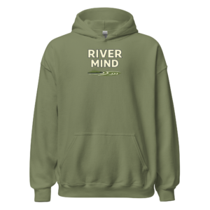 Front view of a military-green Hoodie featuring the words “River Mind” above a slim green-and-black river and fish detail