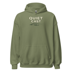 Front view of a military-green Hoodie featuring the words “Quiet Cast” above a small rod, reel and line illustration