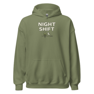 Front view of a military-green Hoodie featuring the words “Night Shift” above a small fishing float, crescent moon and water ripple