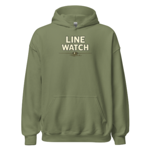 Front view of a military-green Hoodie featuring the words “Line Watch” above a close-up fishing float set across a thin water line