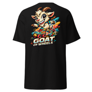 Back view of a black T-Shirt featuring a smiling goat in roller skates with colourful motion streaks beneath “Goat On Wheels” lettering