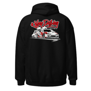 Back view of a black Hoodie featuring a white drift car with red-and-black “Keep Drifting” script