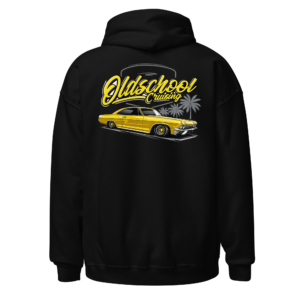 Back view of a black Hoodie featuring a yellow classic car beneath retro “Oldschool” lettering and a palm tree